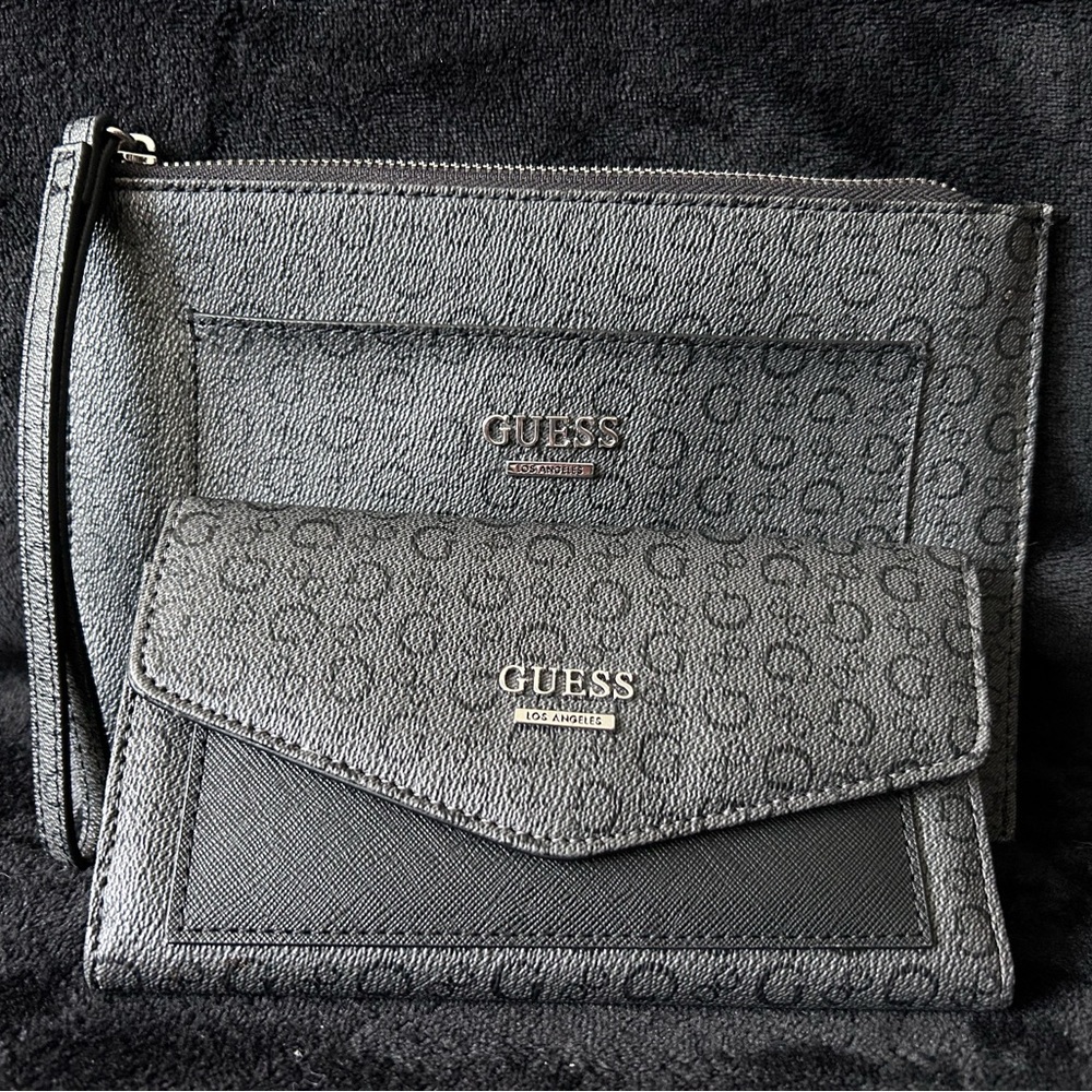 GUESS Black Textured Logo Wallet and Wristlet Set